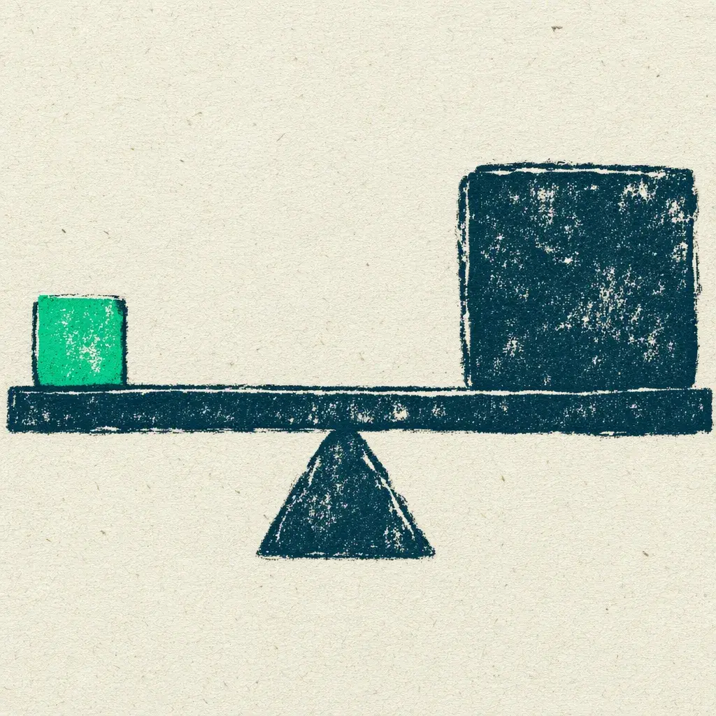 Importance, a Reality Transurfing concept: A beam holding two unequal masses level, the small one printed green