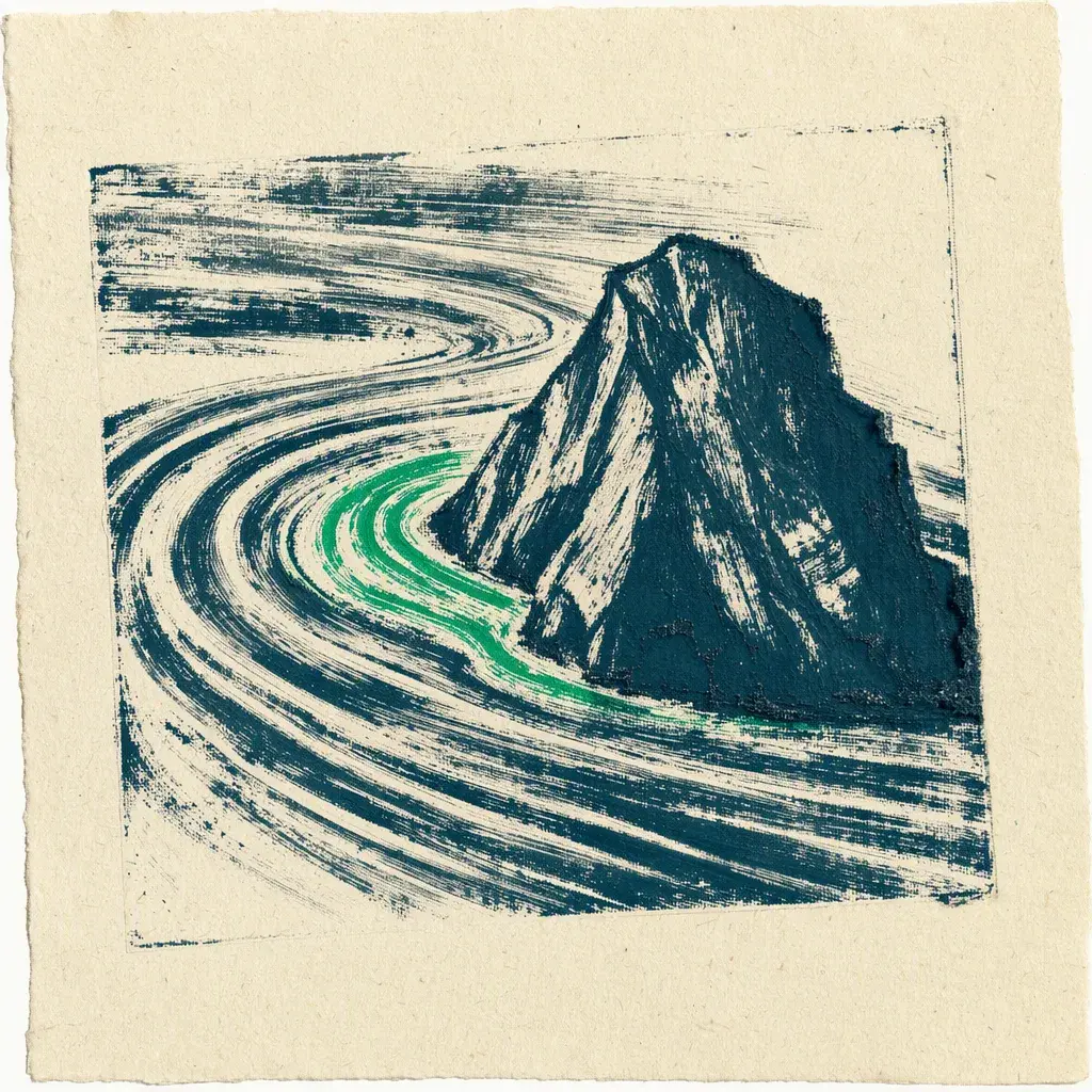 Inner & Outer Intention, a Reality Transurfing concept: A printed river of brush strokes parting around a rock, the nearest water green