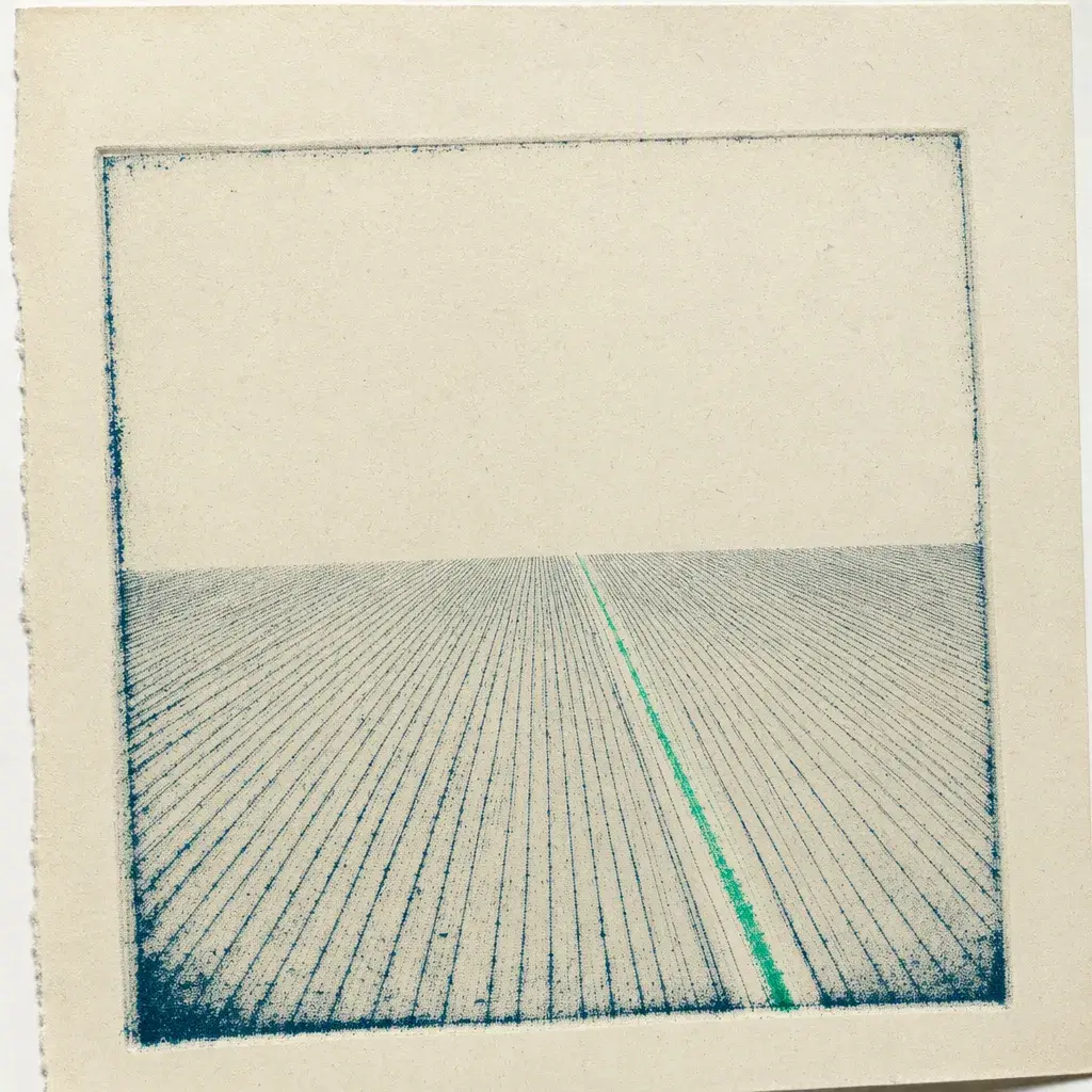 The Space of Variations, a Reality Transurfing concept: A printed field of fine tracks running to a horizon, one green and out of parallel