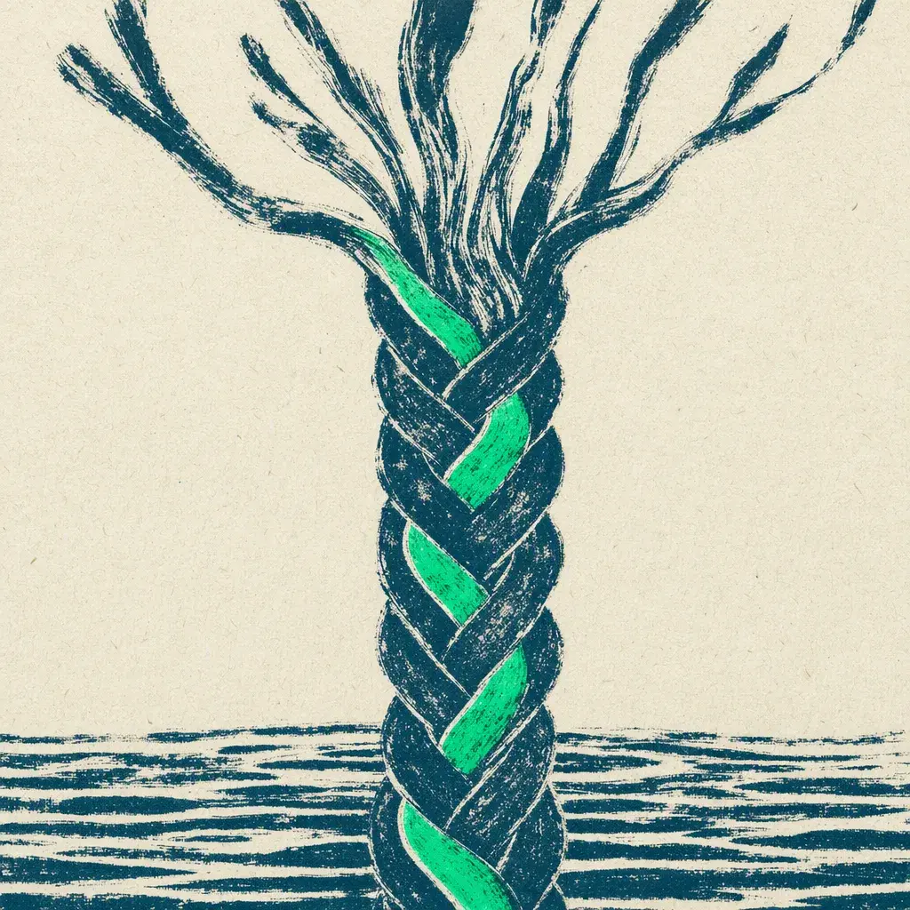 The evolution, Tufti the Priestess: a braided cord rising out of water, one strand printed green