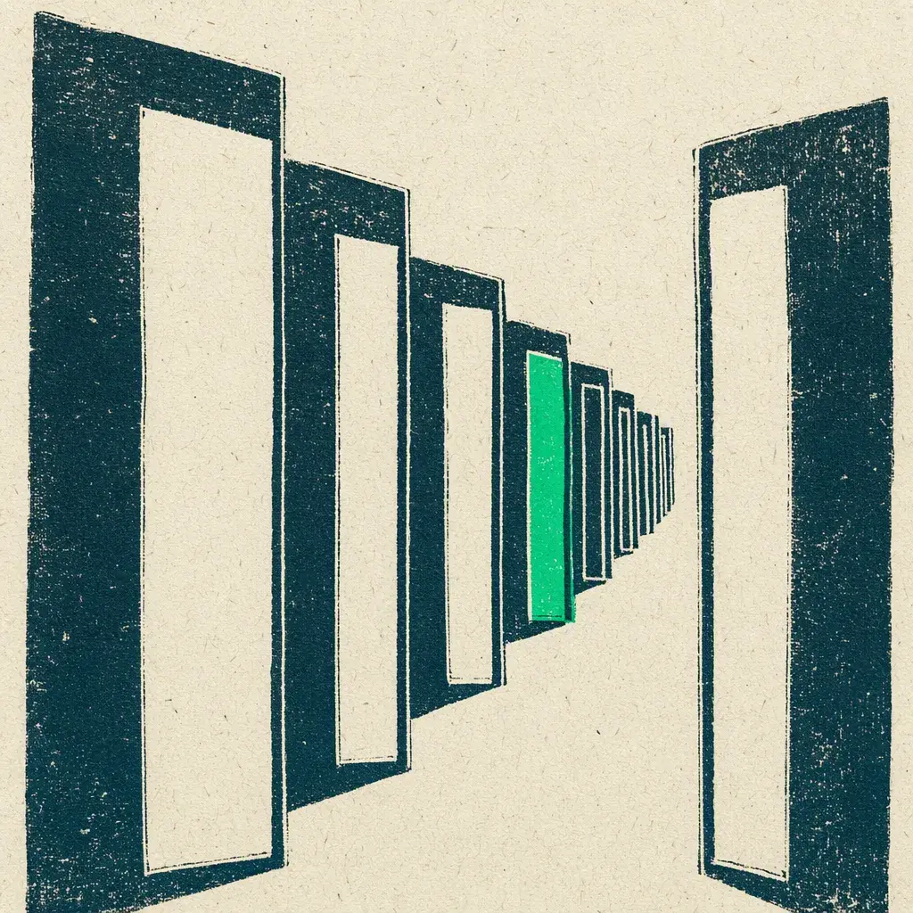 The Reality Transurfing books by Vadim Zeland: an open book on a plain ground, one green mark on the page