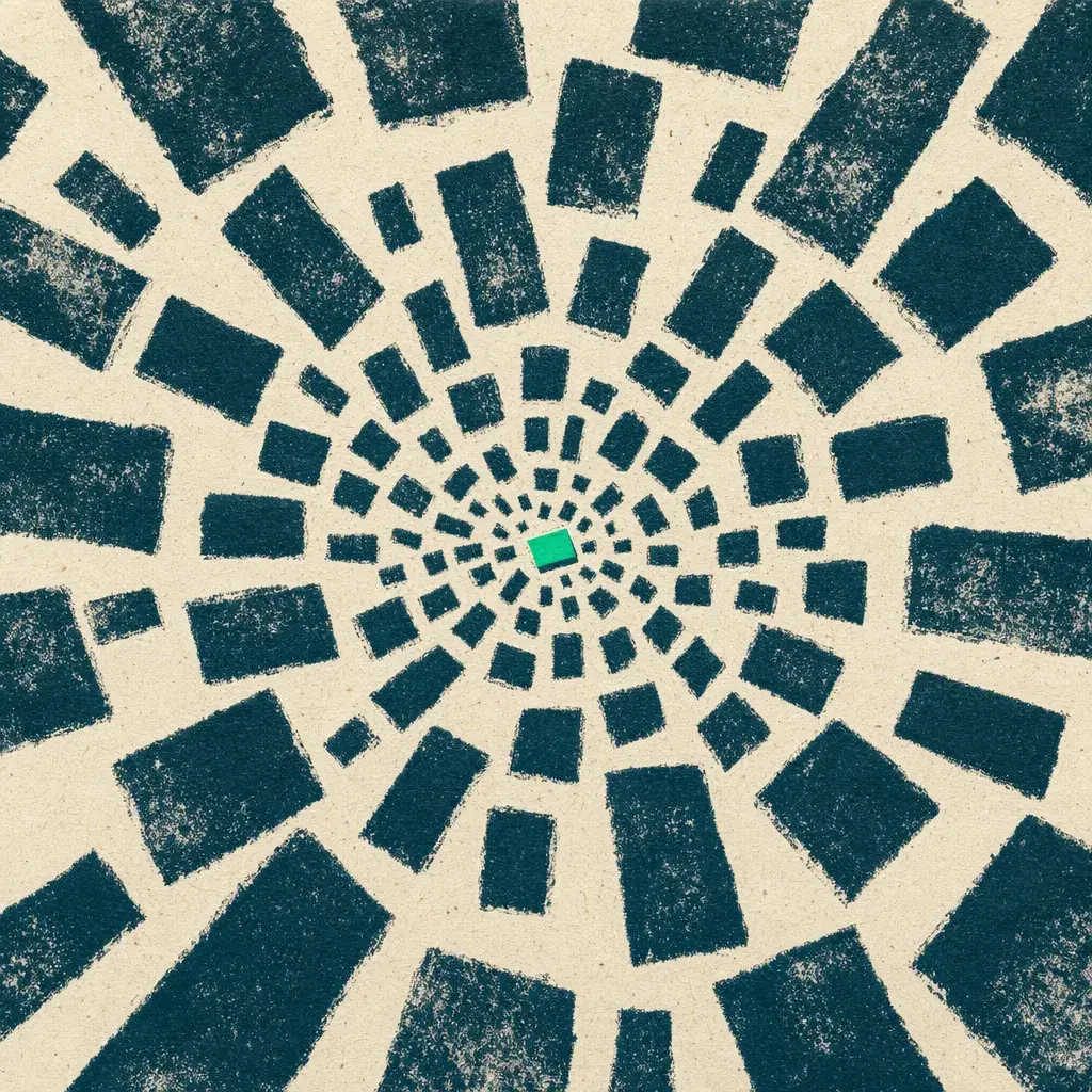 The outer screen in Transurfing: small rectangles tumbling outward from a centre, one near the middle green