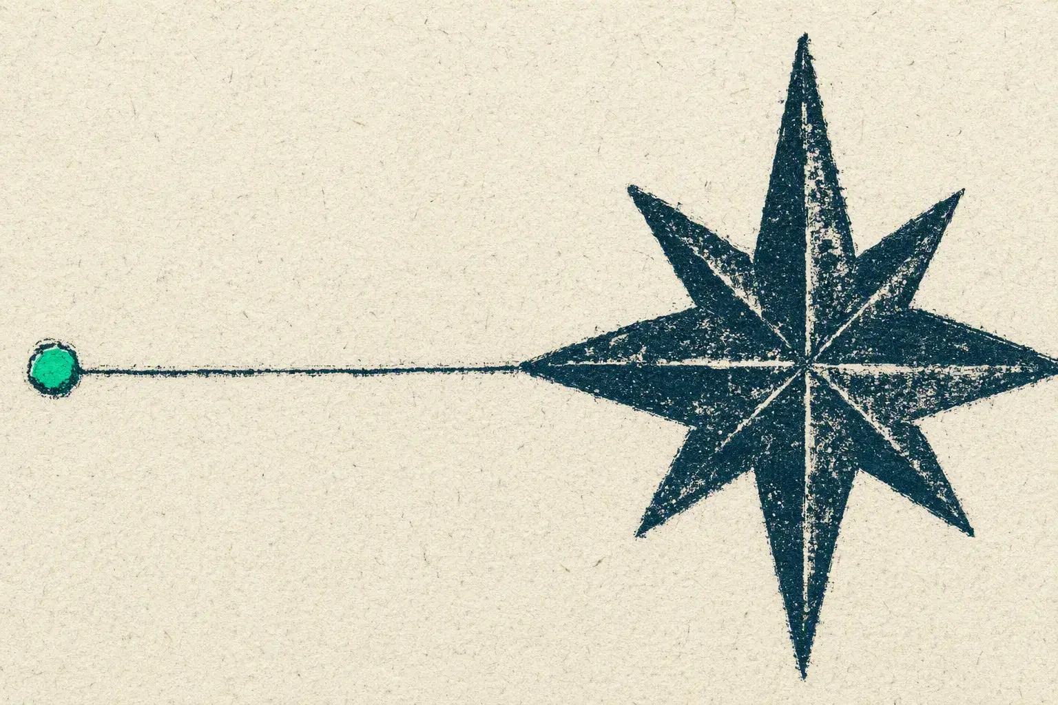 Transurfing Navigator, a pure intention set in 2019 and materialized: a green seed at the far left, one thin line crossing empty paper, arriving at a fully formed compass rose