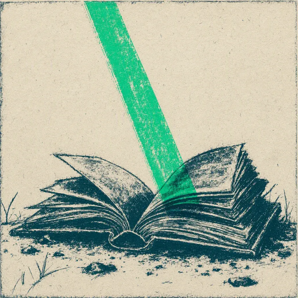 First contact with Reality Transurfing, 2017: a worn book open on the ground, a single shaft of green ink falling on its pages