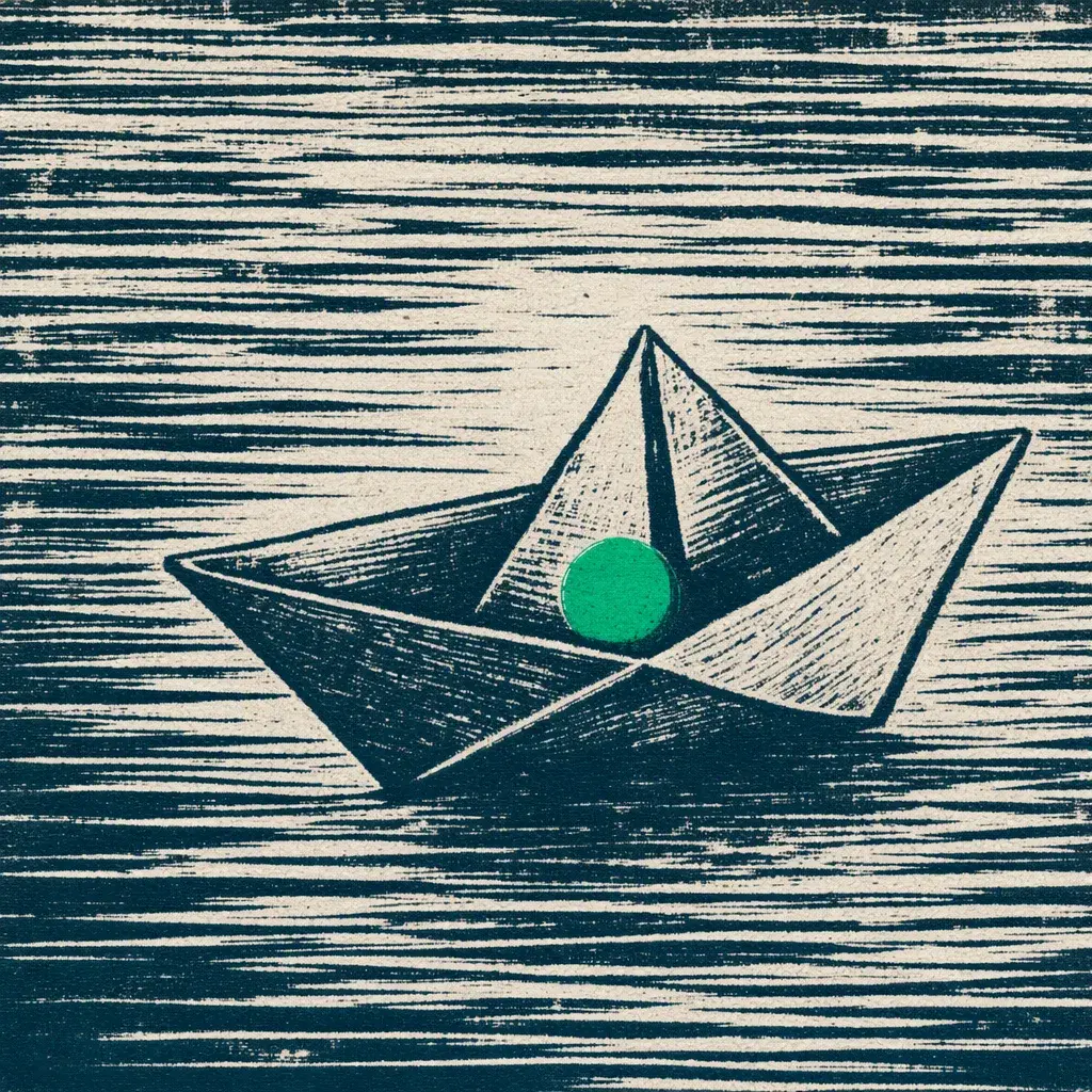The pure intention for Transurfing Navigator, set in 2019: a folded paper boat on ruled still water, carrying one green dot of cargo