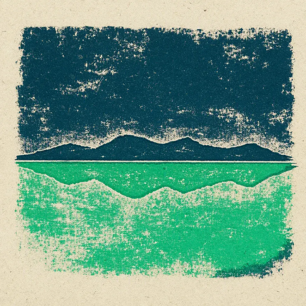 The mirror world answers, Transurfing Navigator materialized: a ridge above a horizon and its reflection below, the reflected sky printed green