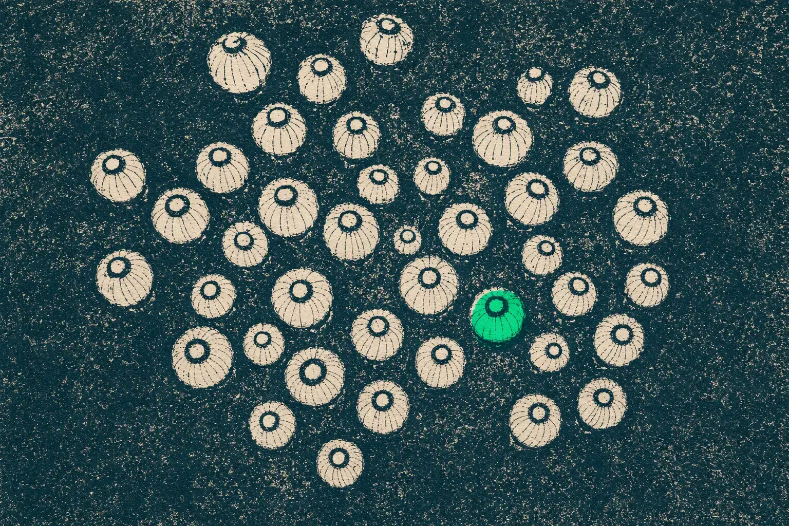 The Transurfing movement gathering: dozens of small lantern marks scattered across an inked field from above, one green