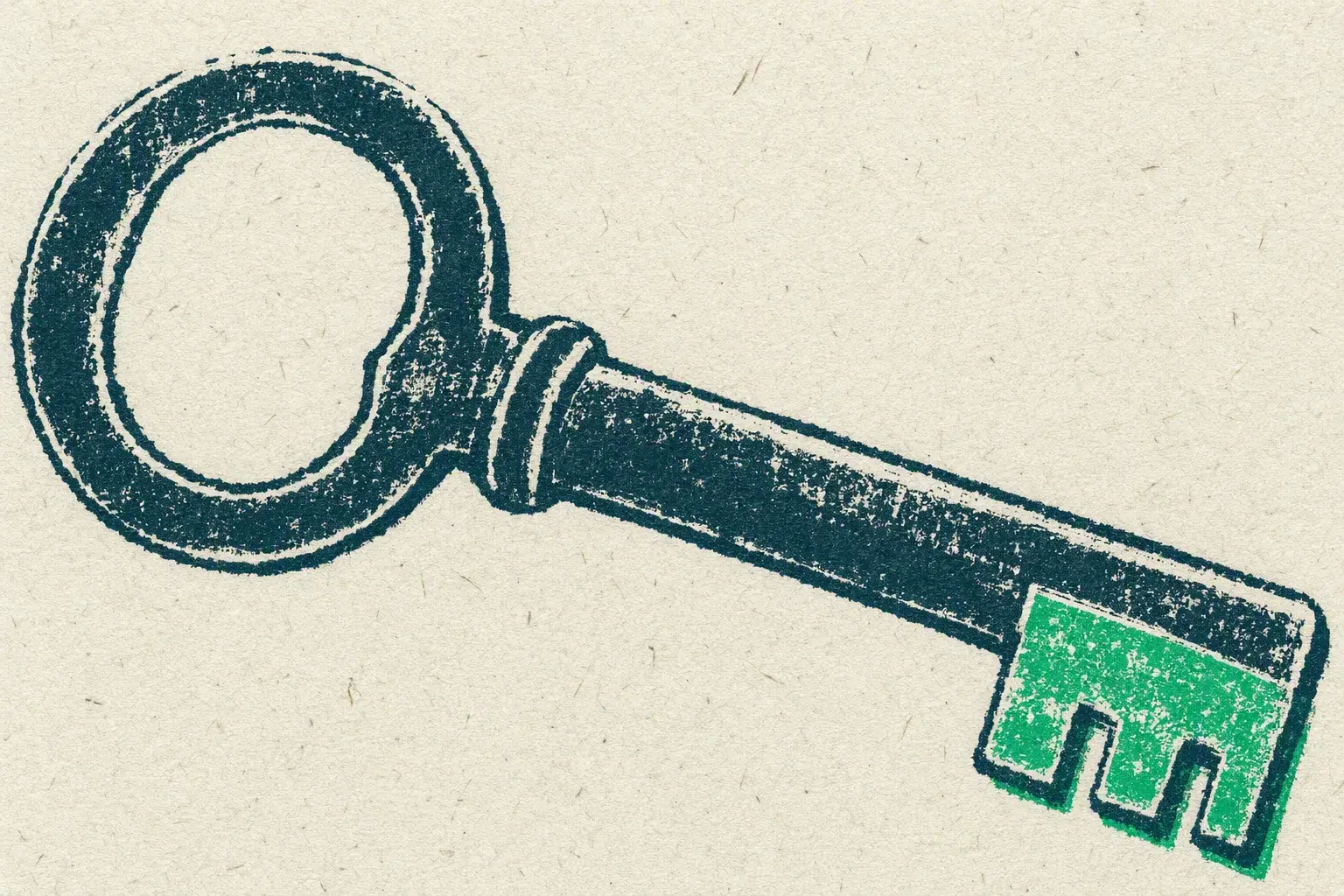 The Transurfing Navigator journey, August 2023: A single old key lying across the sheet in carved outline, its teeth printed green