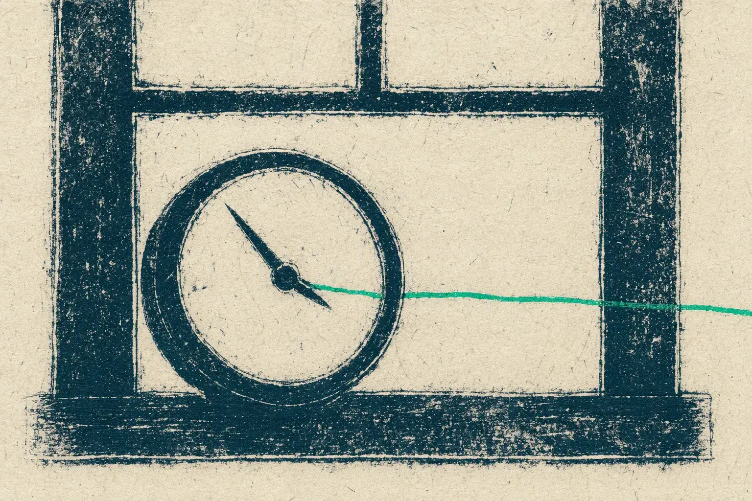 The Transurfing Navigator journey, October 2023: A clock on a windowsill, a single green line leaving it through the window