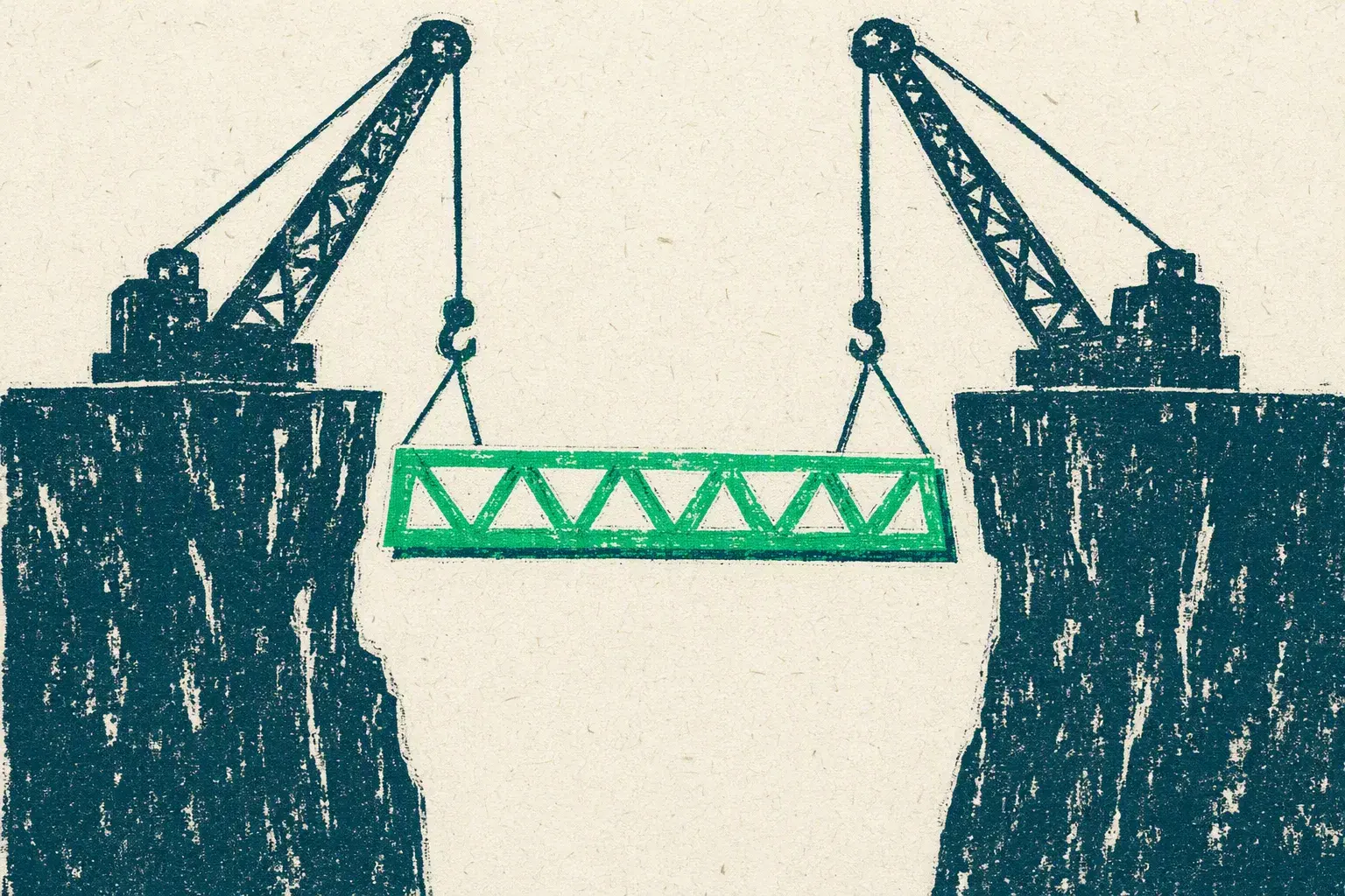 The Transurfing Navigator journey, January 2024: Two cliff masses facing across a gap, a green bridge span lowering between them