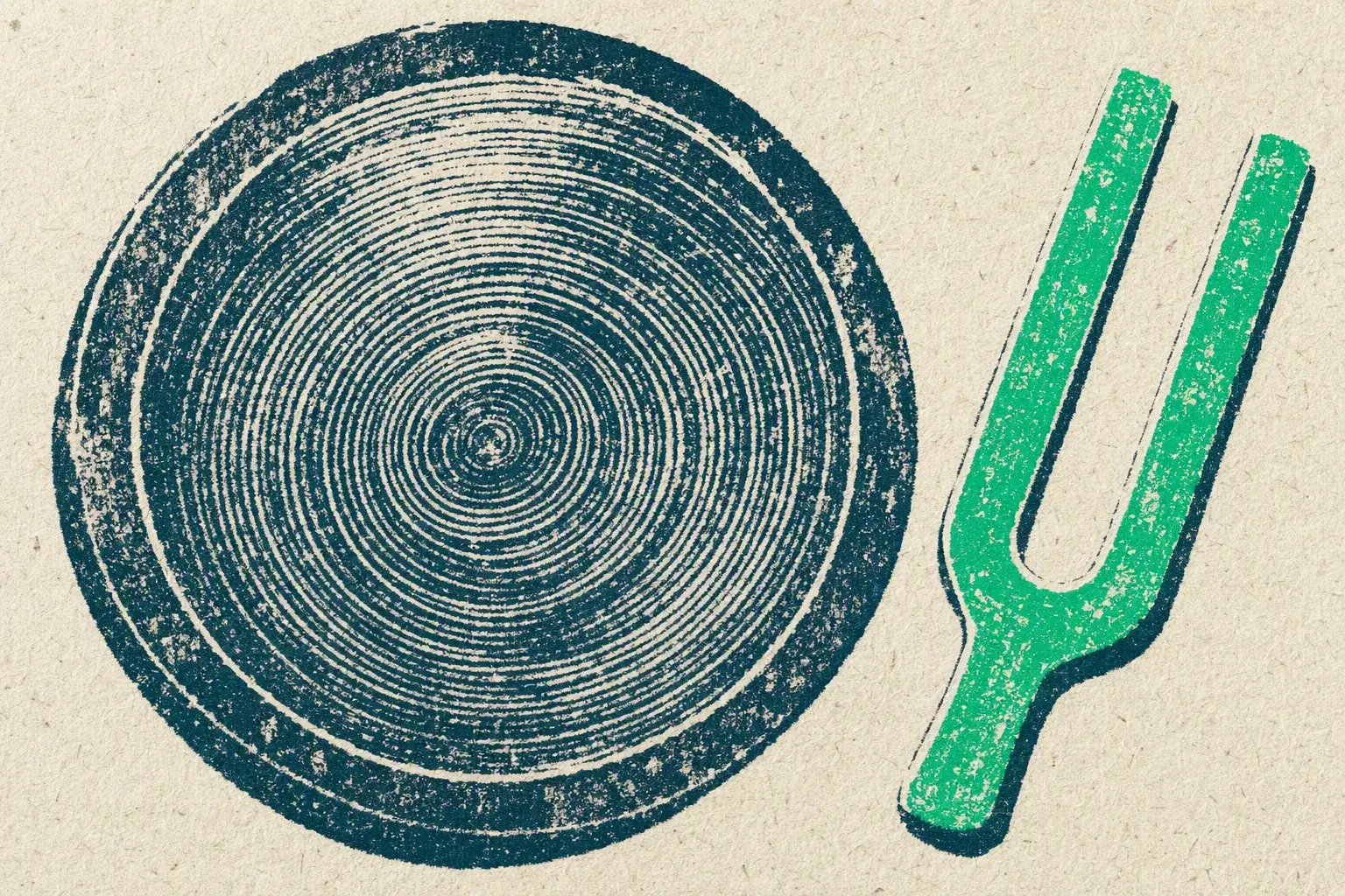 The Transurfing Navigator journey, March 2026: A mirror disc and a tuning fork side by side, the fork's prongs printed green