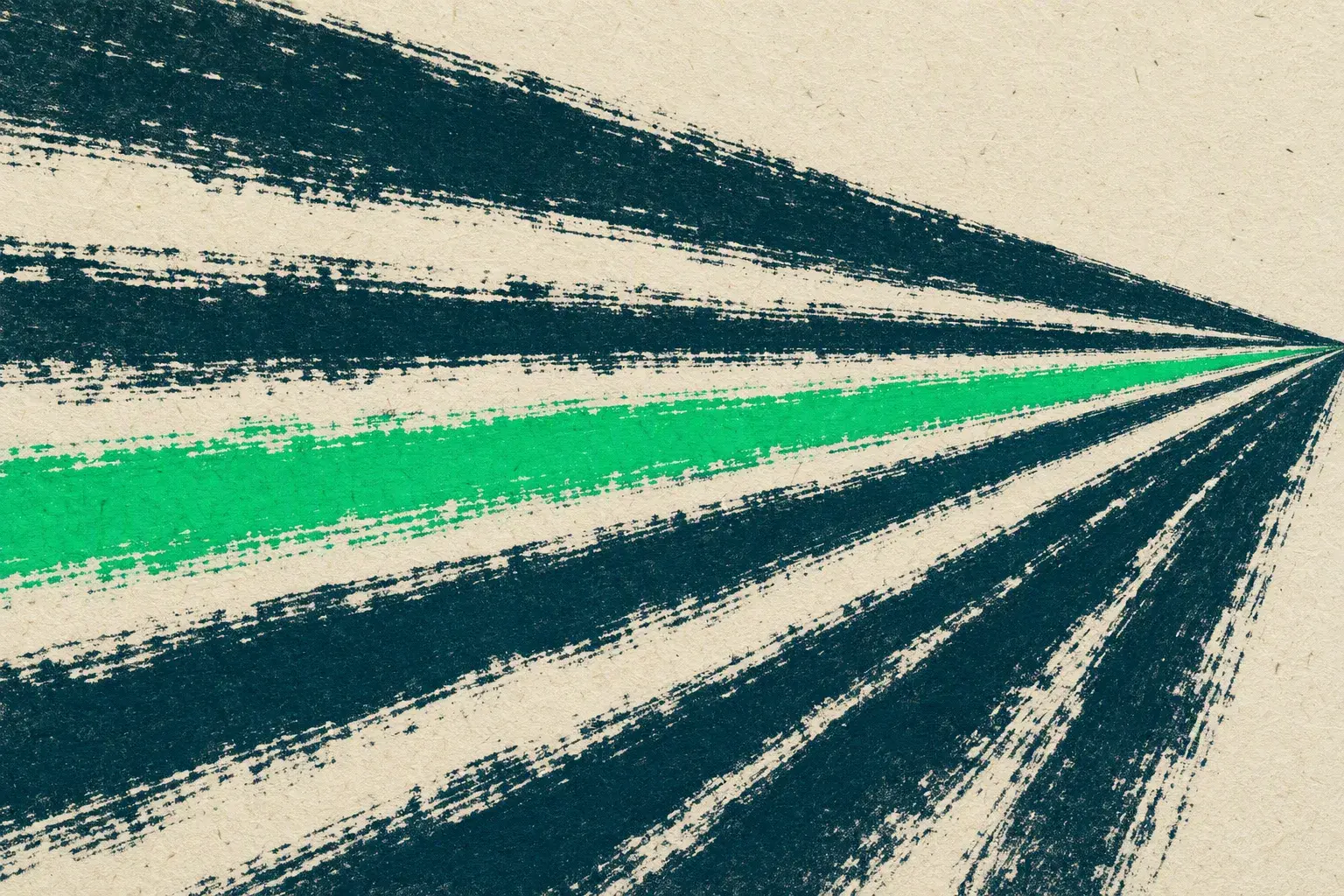 The Transurfing Navigator journey, April 2026: Parallel carved trails rushing to a vanishing point, the leading trail green