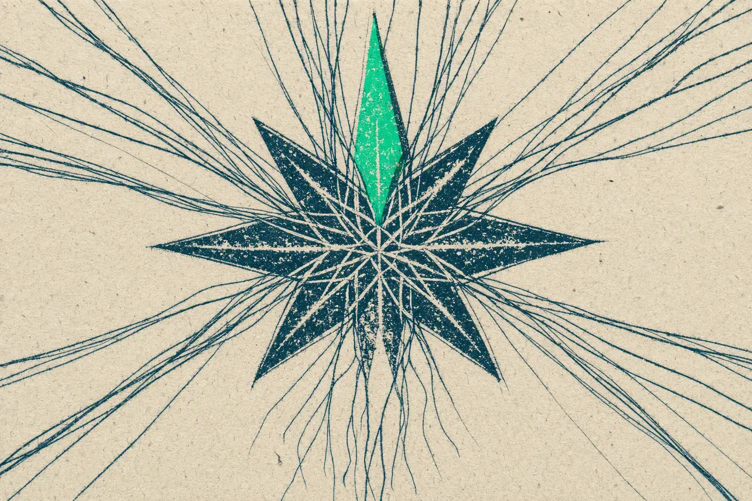 The Transurfing Navigator journey, today: Threads from every edge weaving into a compass rose, still unfinished at its lower points, its north point green